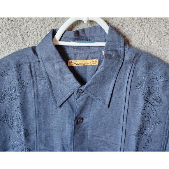 The Havanera Co Blue Embroidered Short Sleeve Button Up Shirt Size L Linen Blend - Picture 2 of 12